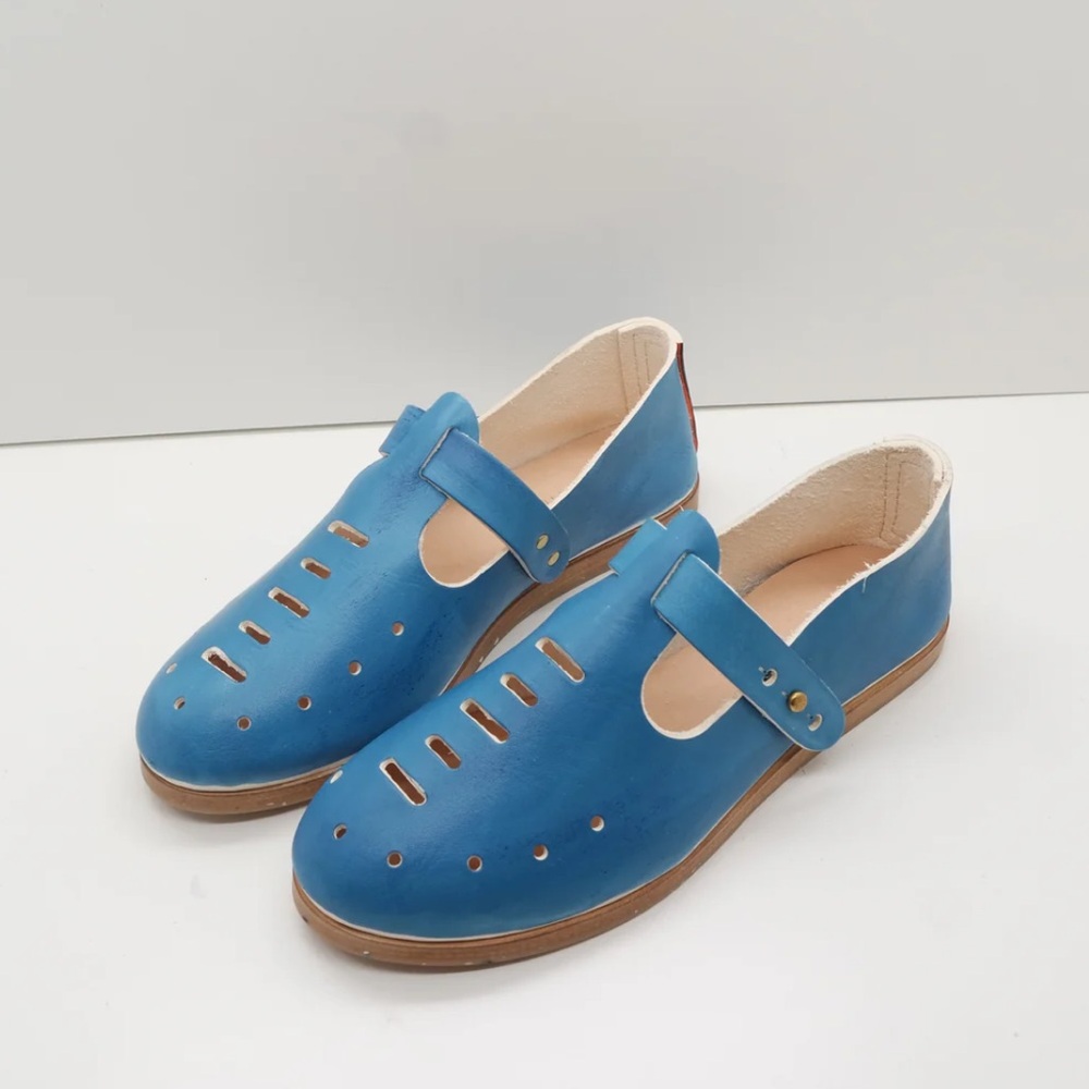 Sevilla Smith Ignacio T-strap Shoe Cebu Blue Leather Shearling Insert Size 42 EU